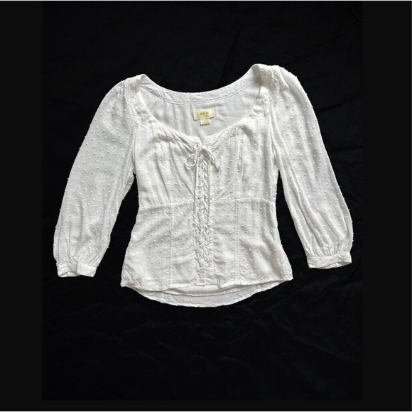 Maeve Tops - Anthropologie Maeve Peasant Swiss Dot Lace Up Front Top Blouse White Size 4